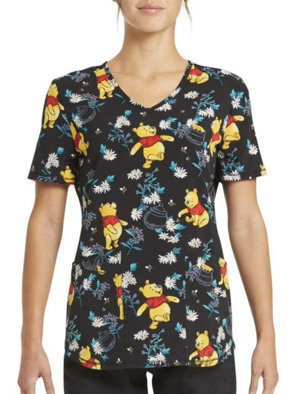 Disney Winnie the Pooh Hunny Pot Scrub Top V-Neck Nurse Medical Women's M